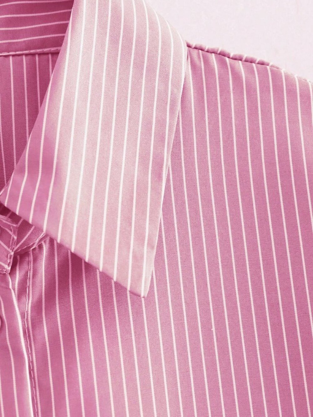 Baby Pink Casual Asymmetrical Women's Striped Long Button-Down Shirt - Picture 3 of 3